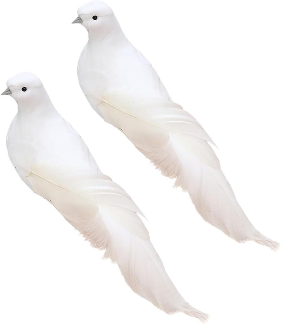 2pcs White Bird Ornaments - 9 Inch Clip-on Fake Doves for Christmas Tree - Artificial Feathered Bird Decor for Wedding & Memorial Home Figures