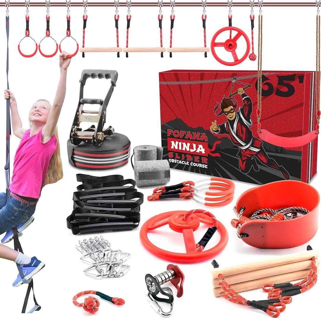 Fofana Ninja Warrior Obstacle Course for Kids - 11 Obstacles, 65 Ft Slackline, Climbing Ladder, Spinning Wheel, Gym Rings, Monkey Bars, Pulley & Swing Sets for Backyard - Outdoor Zip Line for Kids