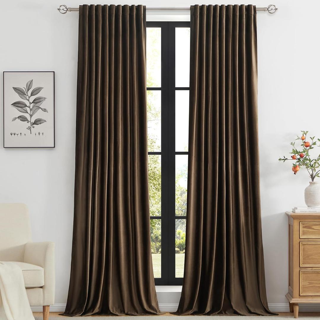 PRIMROSE Brown Velvet Curtains 96 inch Long for Living Room,Set of 2 Panels Blackout Rod Pocket Back Tab Window Treatment Room Darkening Heavy Decorative Curtains Drapes for Bedroom
