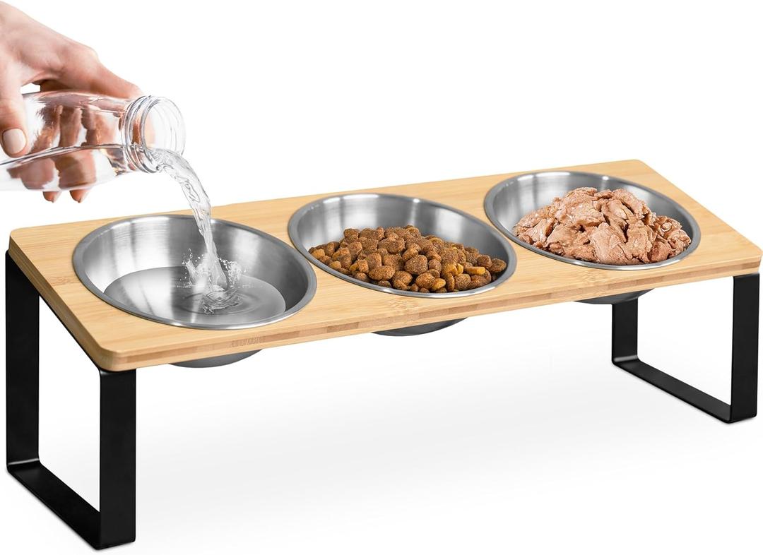 Raised cat Bowls for Indoor Cats by WinTruffles, Elevated cat Bowls, Tilted and Elevated Anti Vomiting Cat Dishes for Food and Water, Set of 3 Stainless Steel Bowl