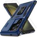 DEERLAMN Case for Samsung Galaxy S24 Ultra with Slide Camera Cover+Screen Protector (1 Pack), Rotated Ring Kickstand Military Grade Shockproof Protective Cover-Navy Blue
