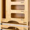 Storage Bag Organizer with Foil and Plastic Wrap Organizer , Aluminum Foil Dispenser with Cutter, Bamboo 6 in 1 Baggie Organizer Suitable for Gallon, Quart, Sandwich, Snack