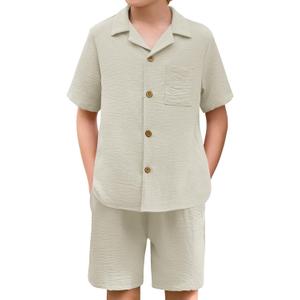 Haloumoning Boys 2 Pieces Summer Outfits Beach Short Sleeve Button Down Shirts and Shorts Vacation Texture Sets for Kids (7-8 Years, Beige)