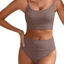 ANRABESS Women High Waisted Bikini Sets Color Block Summer Beach Vacation 2 Piece Bathing Suit Tummy Control Ribbed Swimsuit (Large, Brown)