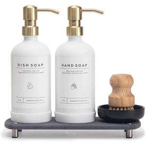 [Luxury] Kitchen Soap Dispenser Set - 16OZ White Glass Bottle, Stainless Steel Pump, Instant Dry Tray, Waterproof Labels, Non-Slip Silicone Pad, and Dish Brush | Upgrade for Your Kitchen and Bathroom