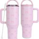 Christmas Gift for Girlfriend - 40 oz Coquette Bow Tumbler with Handles & Straw Lid, Insulated Travel Coffee Mug, Leak Proof, Stainless Steel Cup with Cleaner for Women, Birthday Gift (Pink)