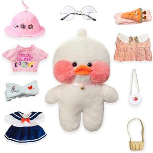 Cute Plush Toy Set with 9 Pcs Clothes, White Duck Stuffed Animal with Glasses - Kawaii Duck Gifts for Kids, Pink