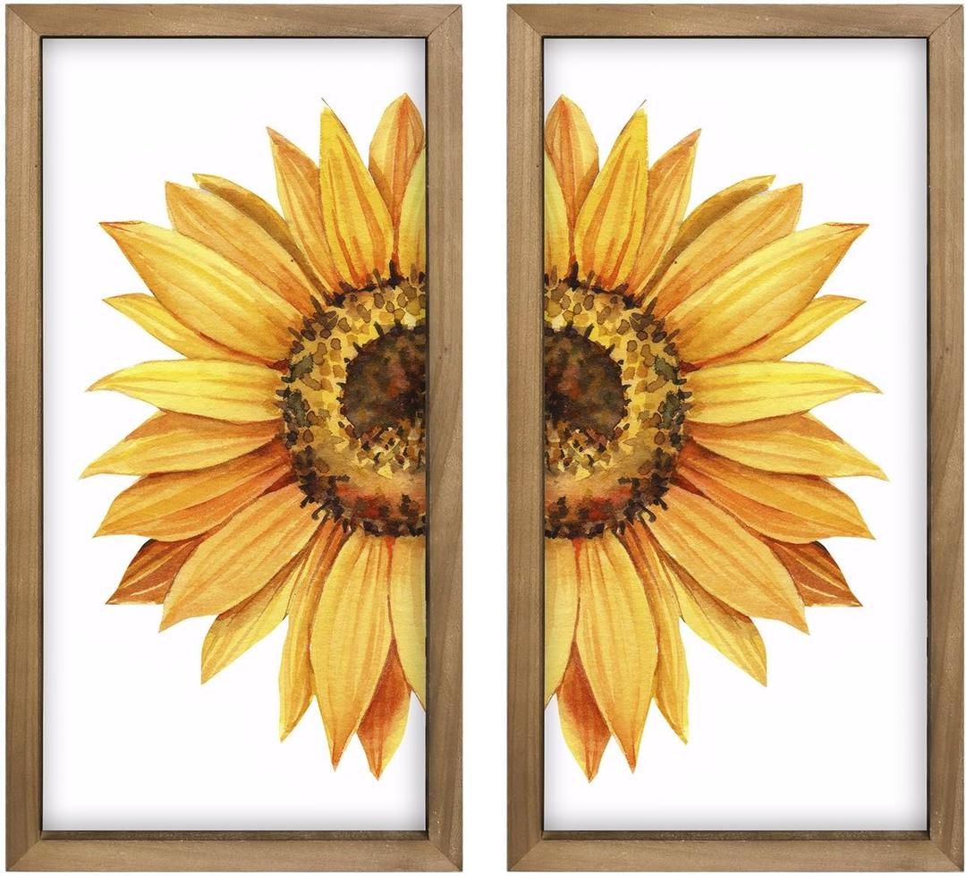 pechpell Set of 2 Sunflower Wall Decor Wood Framed, Wooden Summer Wall Art, Yellow Sunflower Pictures Kitchen Bedroom Bathroom Living Room Office Decorations for Home