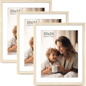 FinalFind 20x24 Picture Frame with Mat for 16x20 Set of 3, Natural Wood Grain 20x24 Frame for Horizontal & Vertical Wall Mounting (3 Pack,Natural)