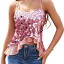 HomRain Women's Sexy Sequin Tops V Neck Strappy Casual Glitter Sparkly Camisole with Ruffle Party Sleeveless Tank Tops (Pink)