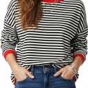 Buauty Womens Long Sleeve Crewneck Knitted Striped Sweaters Casual Color Block Drop Shoulder Pullover 2025 Trendy Tops (Medium, Black)