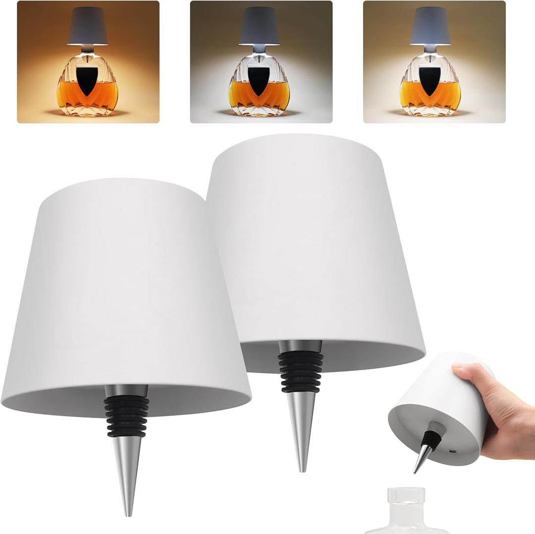 Wireless Wine Bottle Light Head,LED Wireless Bottle Lamp with 3 Modes Light Dimming Pridola,Touch Control Wine Bottle for Any Bottle,Bedroom,Restaurant & Bar (White 3 Colors, 2PCS)