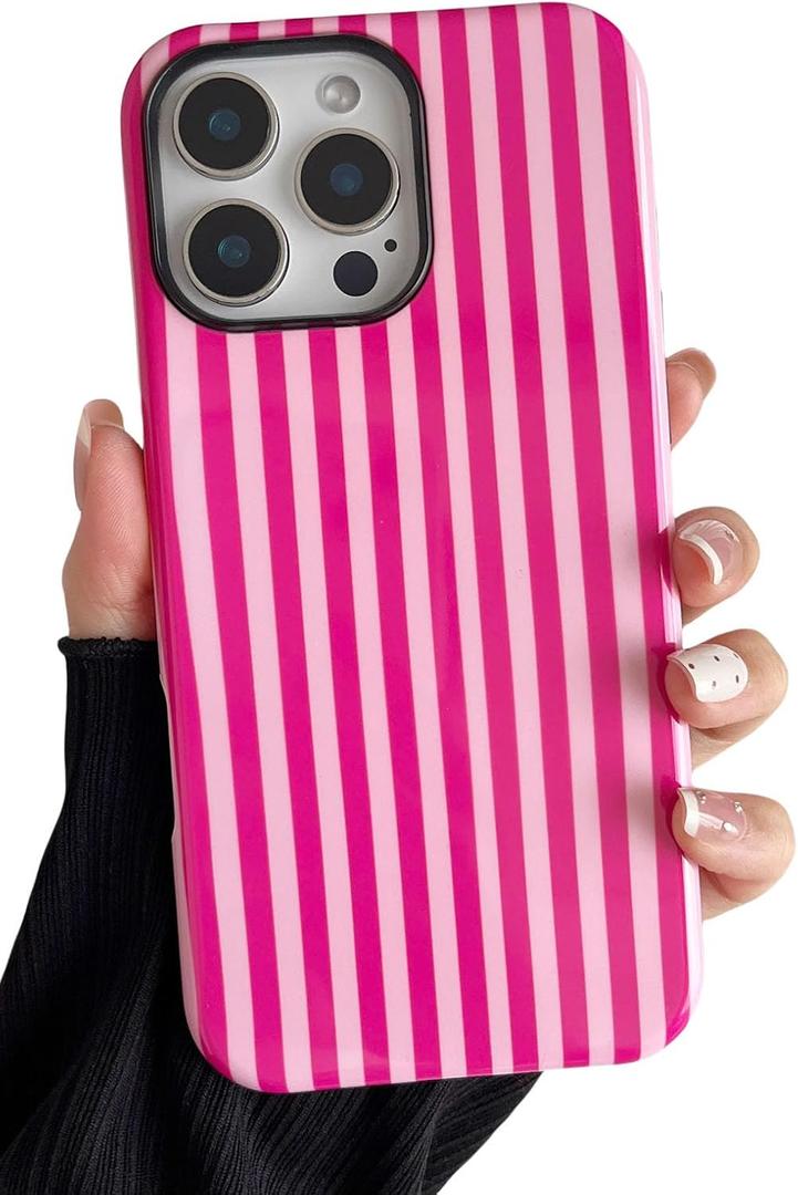 Longlayss Compatible with iPhone 16 Pro Max Case Cute Aesthetic Striped Phone Case for Women Girl Shockproof Slim TPU and Hard PC Protective Cover (Hot Pink)