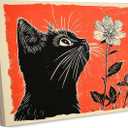 Framed Vintage Black Cat Canvas Wall Art Cat Wall Decor Pictures black cat curiously sniffing a delicate flower Posters Prints for Living Room Dining Room Bedroom Bathroom Home decoration 16x24in