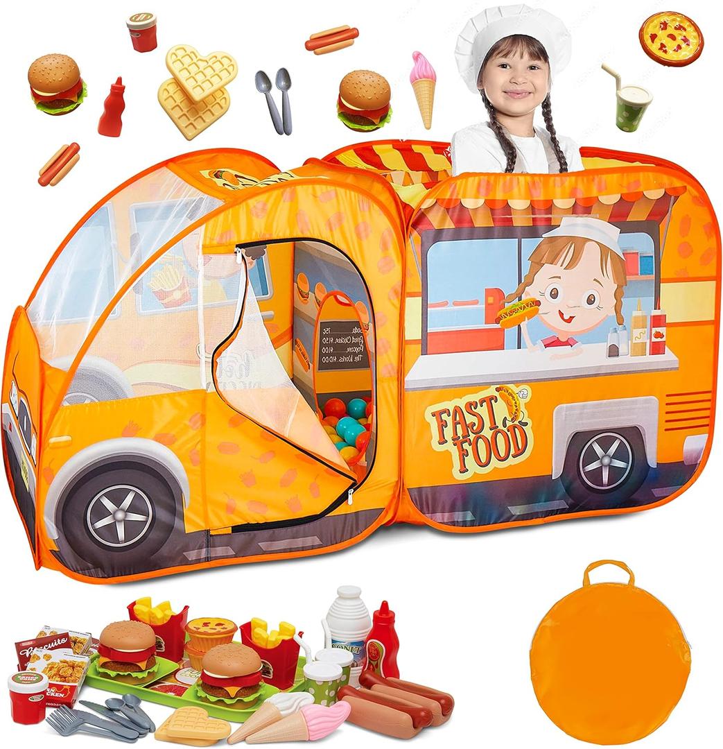 Kiddzery Food Truck Play Tent  54 Pc. Food Set Pop Up Playhouse  Pretend Play Toys for Toddlers  Ball Pit Playset  Indoor & Outdoor Toy Tents for Kids  Trucks for Boys & Girls