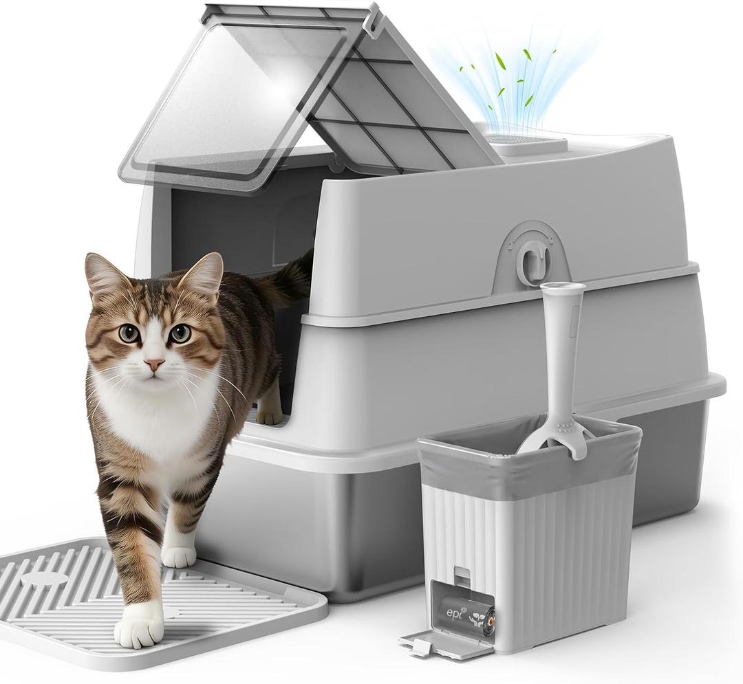 Stainless Steel Litter Box | Enclosed Cat Litter Box with Lid for Big Cats | High Sided Metal Litter Boxes | 100% Anti-Urine Leakage | Odor Control | Non-Stick with Litter Mat & Litter Scoop Set