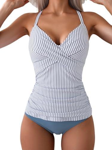 B2prity Women's Ruched Tankini Swimsuits V Neck Wrap Tie Back Two Pieces Bathing Suit Tummy Control Swimwear,L
