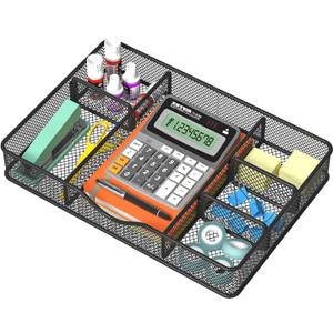 Desk Drawer Organizer, Metal Mesh Drawer Organizer Tray with 6 Adjustable Compartment, Tray Organizer for Desktop, Kitchen, Bathroom, Makeup, Vanity - 14.5x8.8x1.96 inch, Black, 1PC Large