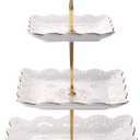 Sumerflos 3-Tier Square Porcelain Cake Stand, White Rimmed with Gold Embossed Cupcake Dessert Stand - Tiered Serving Tray for Tea Party and Show