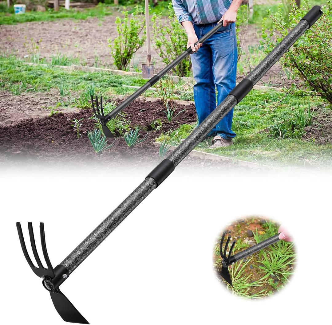 Hoe and Cultivator - 45 Long Handle - Heavy Duty Garden Hoe Tiller, Standing Hoe Garden Tools Durable Cultivator Hoes Hand Rake Fork for Gardening Weeding Planting Loosening Soil