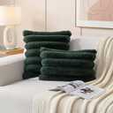 HAUSSY Faux Fur Throw Pillow Covers 24x24 Inch Set of 2, Decorative Striped Neutral Pillow Cases Soft Plush Couch Pillow Covers, Home Decor for Sofa,Bed, Living Room, Dark Green