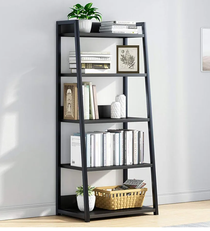 Iotxy 5-Tier Ladder Shelf Bookcase - Wood And Metal Modern Standing, For Home Office, Living Room, Kitchen, Bedroom, Black, 60 CM