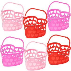 Zcaukya 6 Packs Valentines' Day Baskets, 7.1" x 7.9" x 4.3" Small Plastic Heart Shaped Basket with Handles, Heart Hollowed Baskets Holders for Romantic Party Wedding Part Decor (Pink Red Magenta-6 Packs)