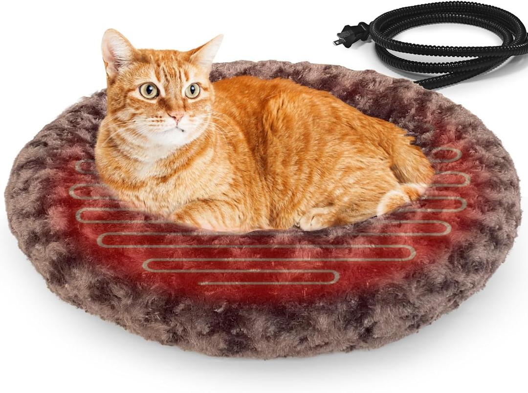 Heated Cat Beds for Indoor Cats Warming Cat Beds Super Soft Machine Washable Thermo Kitty Electric Heating Bed 19 Inches Round (Coffee)