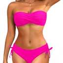 Women's Strapless Bandeau Bikini Set - Twist Front Two Piece Swimsuit Top with Side Tie Bathing Suit Bottom (Large, Hot Pink)