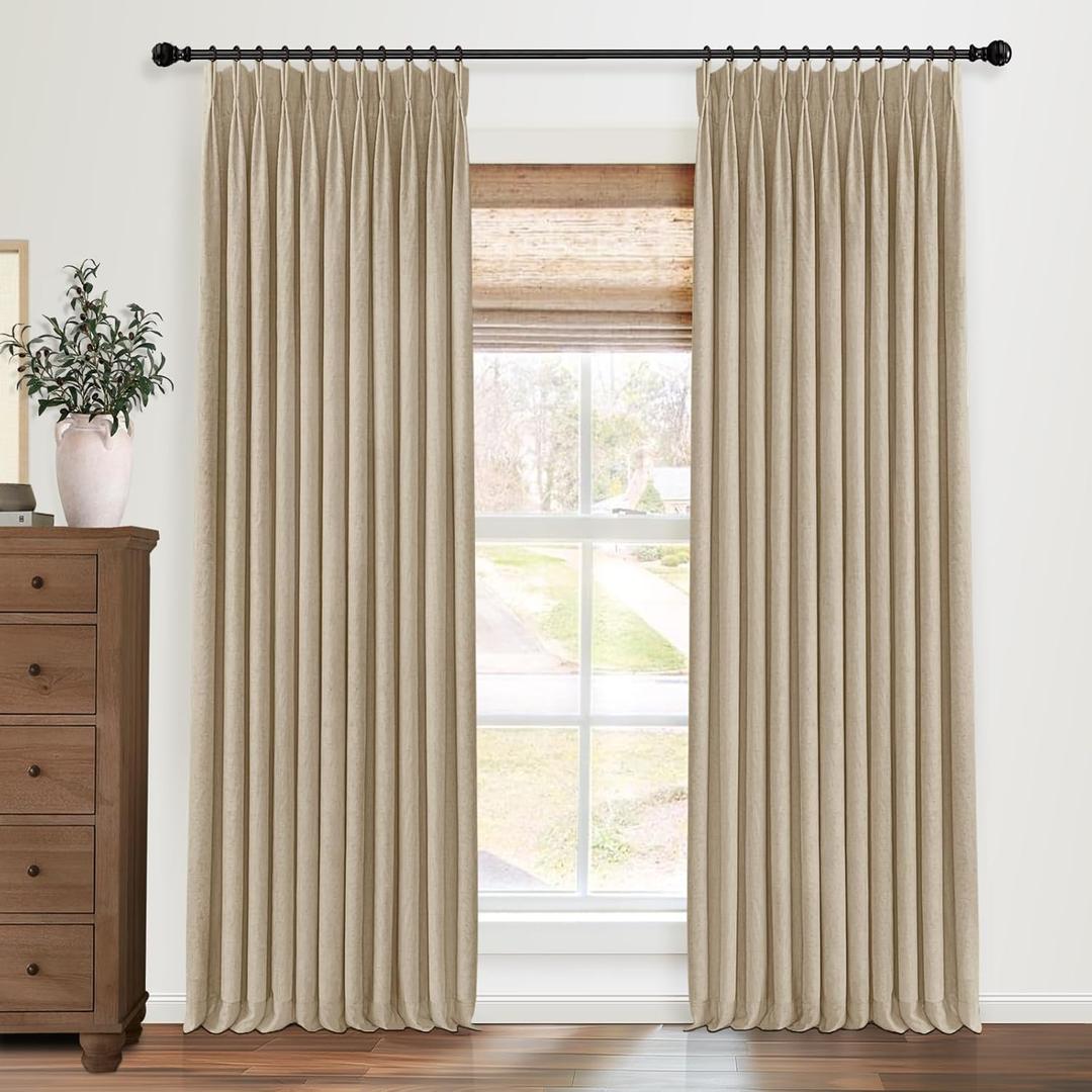 Pinch Pleated Blackout Curtains 96 Inches Long, Linen Blend, 100% Blackout Drapes with 20 Hooks, Ideal for Bedroom and Living Room, 40" W x 96" L (Pack of 2), Grey Beige