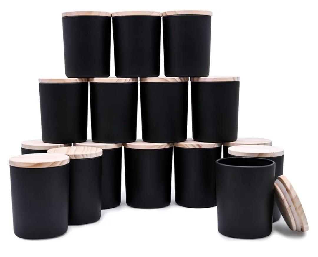 Thick Candle Jars for Making Candles 16 Pcs, 7 OZ Empty Jars with Wood Lids for Candle Making, Sample Container, Matte Black