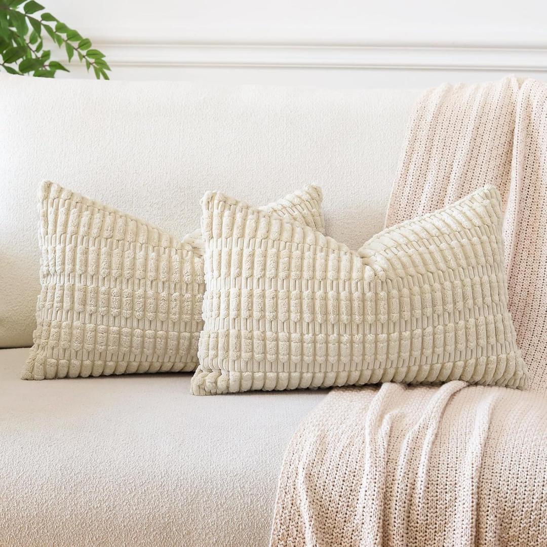 OTOSTAR Pack of 2 Soft Corduroy Decorative Throw Pillow Covers 16 x 24 Inch Boho Striped Pillow Covers Lumbar Cushion Case Couch Pillowcases for Sofa Bed Home Decor (Beige)