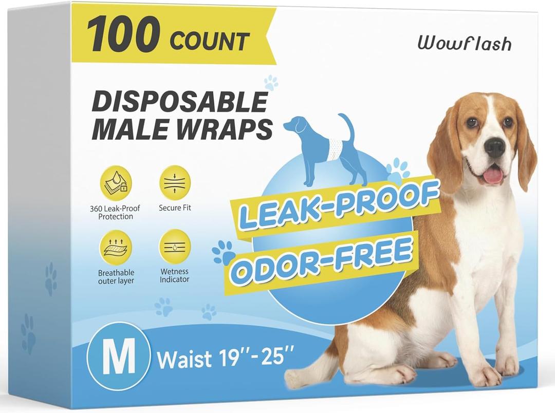 Wowflash 100 Count Dog Belly Bands for Male Dogs, Male Dog Diapers Disposable, Leakproof Dog Wraps with Wetness Indicator, Breathable Quick-Dry, Secure Fit for Doggy Puppy Training, Medium