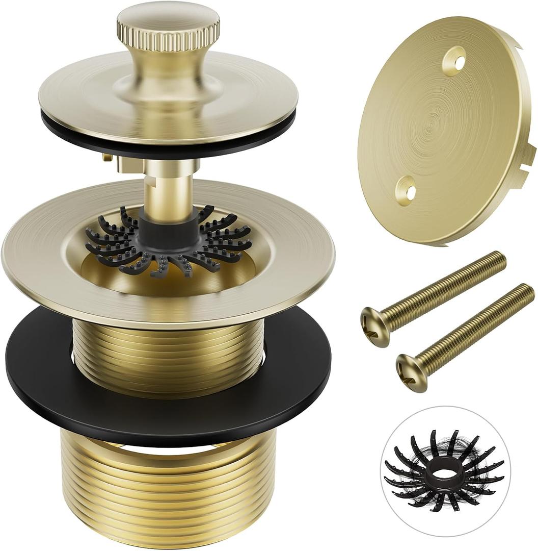 Brushed Gold Tub Drain Stopper Bathtub Drain, Hair Catcher and Two-Hole Overflow Faceplate,11.5/16 UNC Bathtub Drain, Premium Brass Lift and Turn Twist Tub Drains Replacement Trim Kit,Tub Stopper