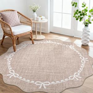 GarveeHome Scalloped Bow Rug for Living Room, 6ft Round Rugs Washable Solid Camel Rug for Dorm Soft Low Pile Non Slip Scalloped Rugs for Nursery Bedroom Decor Kids Room Playroom