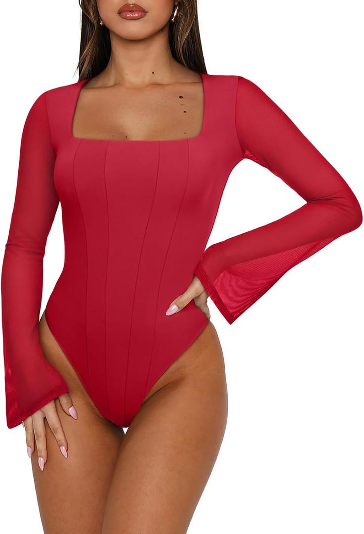 REORIA Women's Sexy Long Sleeve Square Neck Bodysuit Mesh Double Lined Going Out Tops 2025 (Large, Watermelon)