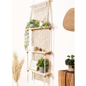Macrame Wall Hanging Shelf 3 Tier Boho Wall Plant Hanger Shelves, Handmade of Woven Rope Boho Shelves Organizer for Living Room Bathroom Home Storage Floating Plant Rack Bohemian dcor
