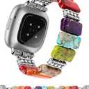 Moolia Natural Stone Bracelet Compatible with Fitbit Versa 4/Versa 3/Sense 2/Sense Band for Women, Pretty Handmade Elastic Solo Loop Beaded Western Vintage Watch Strap for Vesa 4 Band (M: 5.9"-6.6"(150-168mm), Mix Color: Splendor Autumn)
