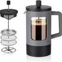 YOLIFE French Press Coffee Maker, 21 oz Small Coffee Tea Press with Heat-resistant Borosilicate Glass, 4-Level Filtration Systems, Portable Coffee Pot for Camping Travel Gifts, Grey and Black