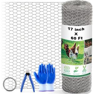 Chicken Wire Fencing Mesh, 17 Inch x 60 Feet Metal Floral Chicken Wire Fence for Crafts Poultry Garden, 0.6 Inch Hexagonal Galvanized Hardware Cloth Netting for Chicken Coop Barrier Rabbit Cage