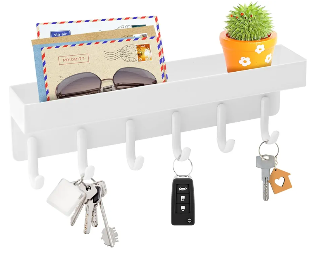 VIS'V Key Holder Wall Mount, Compact Adhesive Key Rack with Tray, 6 Hooks, 2 Mount Options, White