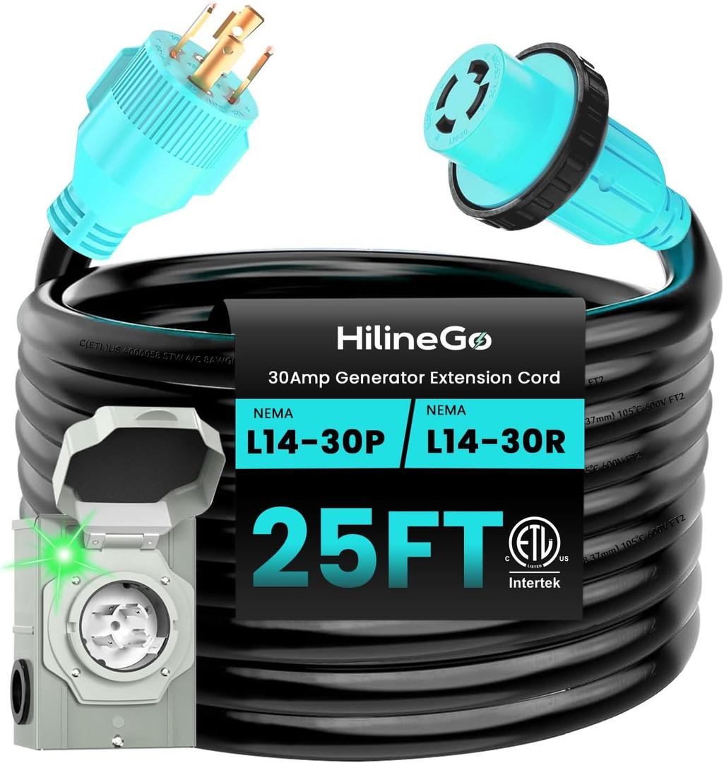 30 Amp Generator Cord 25FT and Pre-Drilled Power Inlet Box, Heavy Duty NEMA L14-30P/L14-30R Extension Cord, 125/250V 7500W Twist Lock Connector with Inlet Box for Generator to House, ETL Listed