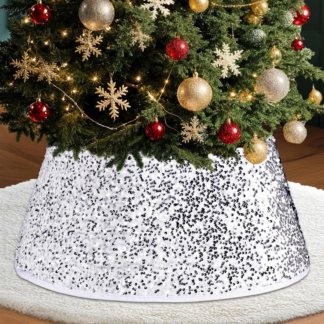 22 Inch Round Christmas Tree Skirt - Sparkling Glitter Taffeta, Foldable Design for Easy Setup & Storage Gift for Christmas and Halloween Decoration Trees with a Height of Less Than 7 FT (Silver)