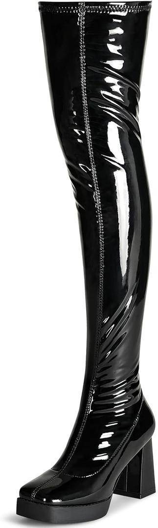 KHPAERMEI Black Platform Thigh High Boots Women Over The Knee Boots for Women Patent Leather PU Knee High Boots Square Toe GoGo Chunky Heel Boots, 6