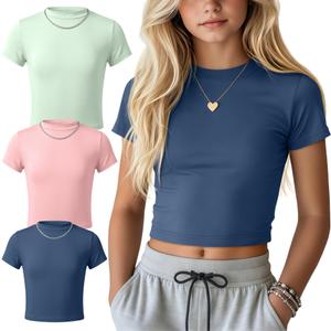 Oakgarden 3 Pack Girls Shirts Short Sleeve Tops for Kids Summer Crop Tops Clothes for Girls Mock Turtleneck Tees 5-16 Y(9-10 Years,Haze Blue, Light Pink, Green)