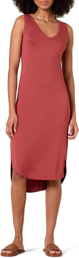 Amazon Essentials Women's Jersey Regular-Fit Sleeveless v-Neck Midi Dress (Previously Daily Ritual) (Large, Brick Red)