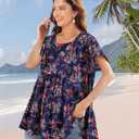 YESNO Women's Casual Short Sleeve Shirts Summer Floral Loose Tiered Swing Tunics Tops Blouses BEL (L)