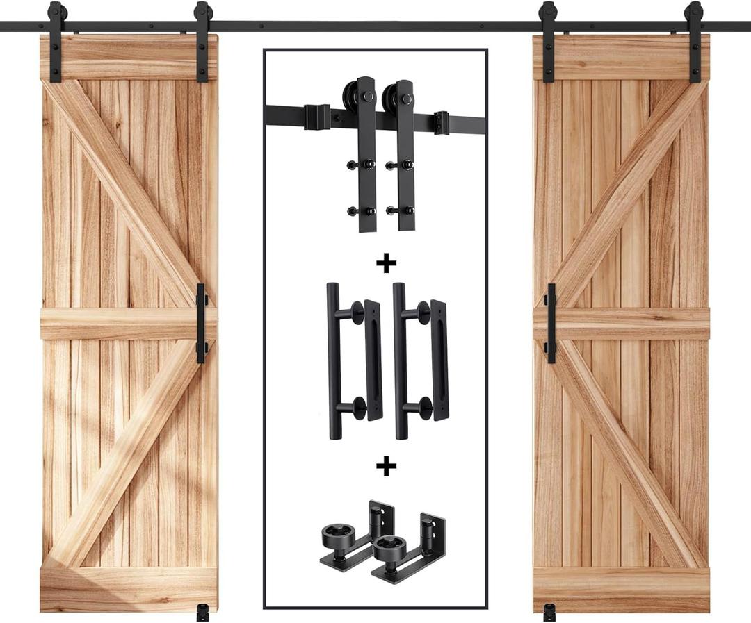EaseLife 12 FT Double Sliding Barn Door Track and Handle Hardware Kit,Straight Pulley,Slide Smoothly Quietly,Easy Install (12FT Track Kit for 33"~36" Wide Double Door)
