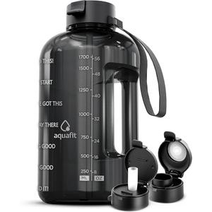 AQUAFIT Half Gallon Water Bottle with Time Marker - Straw & Chug Lid - BPA Free Gym Water Bottle with Straw - Big Gallon Jug (Gray, 64 oz - 2 Lids)