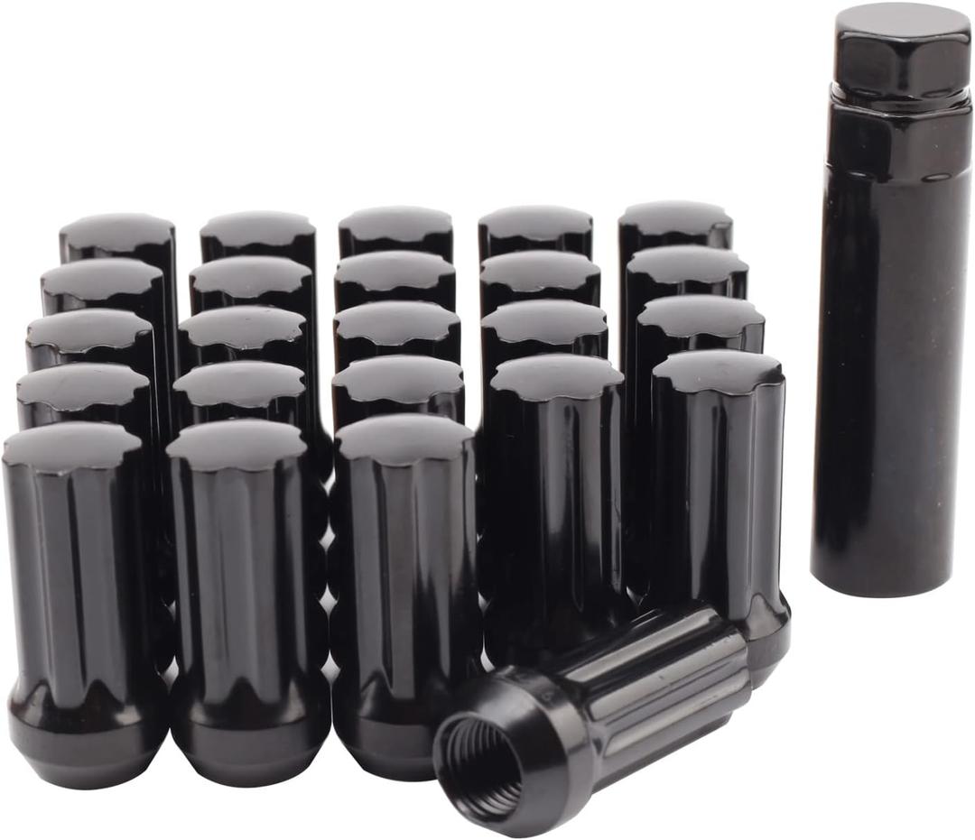 Set of 24, 14mmx1.5 7 Spline Wheel Lug Nuts for 6 Lug Aftermaket, Conical Bulge Seat, Closed End W/ 1 Socket Key, Black